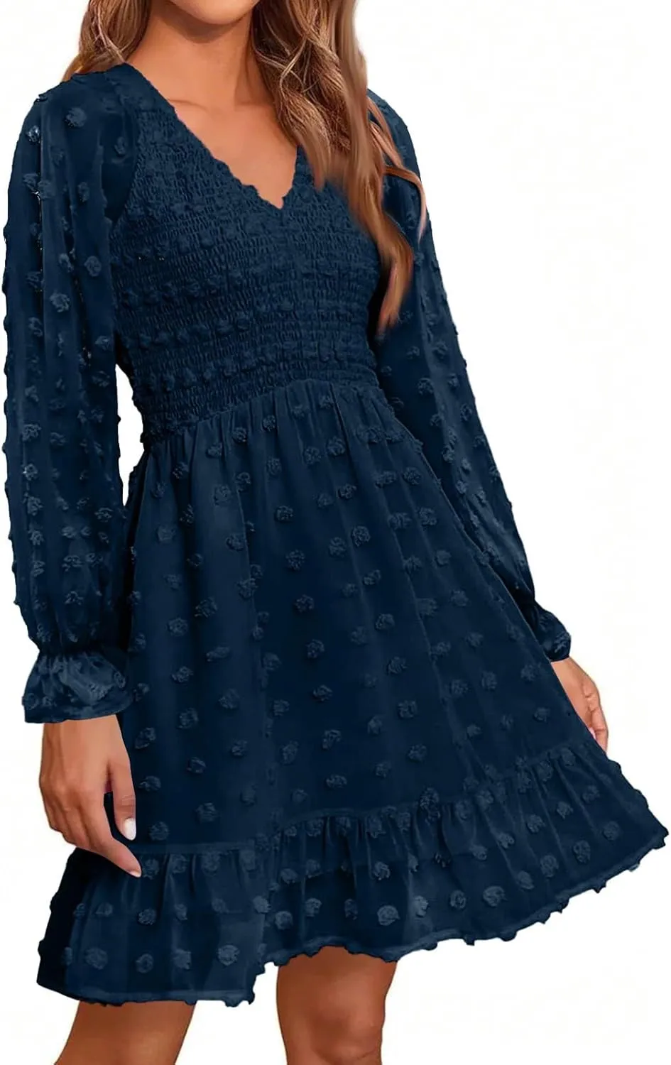 Sun Dresses for Women 2025 Vacation Long Sleeve Sexy V Neck Swiss Dots Mini Dress High Waisted A Line Ruffle Dress