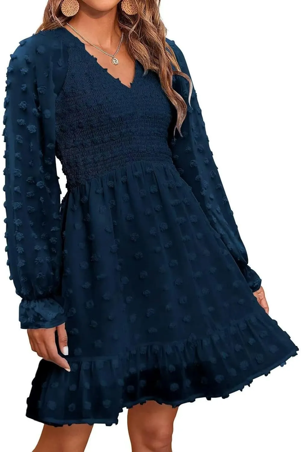 Sun Dresses for Women 2025 Vacation Long Sleeve Sexy V Neck Swiss Dots Mini Dress High Waisted A Line Ruffle Dress