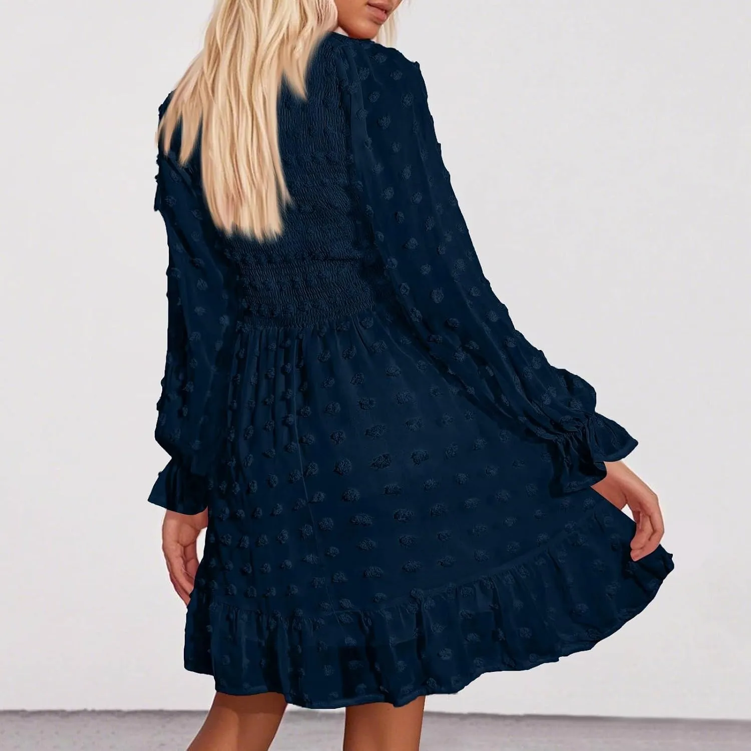 Sun Dresses for Women 2025 Vacation Long Sleeve Sexy V Neck Swiss Dots Mini Dress High Waisted A Line Ruffle Dress