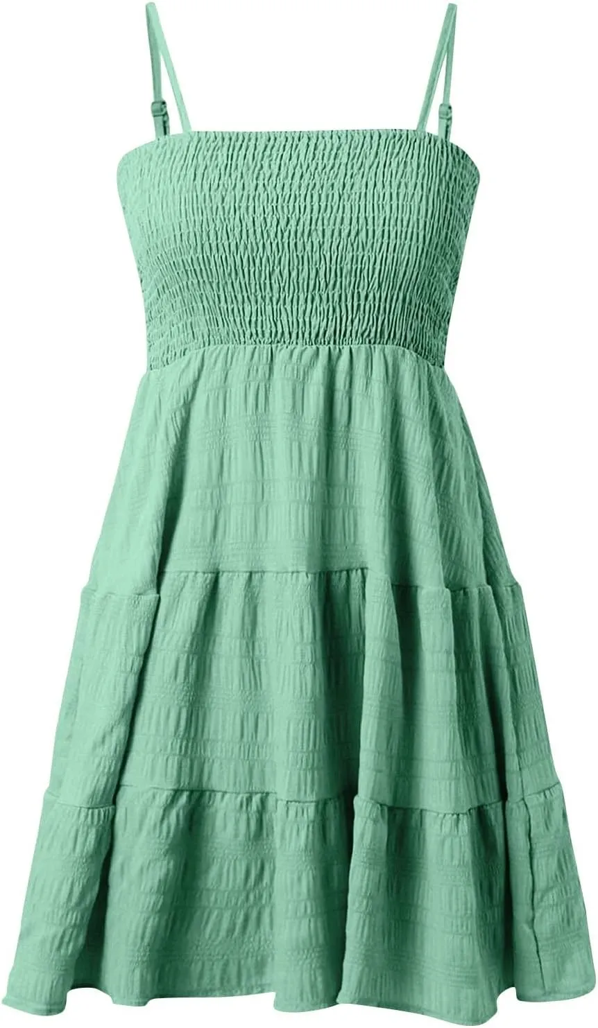Sundress for Women 2025 Casual Plus Size Beach Vacation Dresses Smocked Flowy Boho Spaghetti Strap A-Line Mini Dress