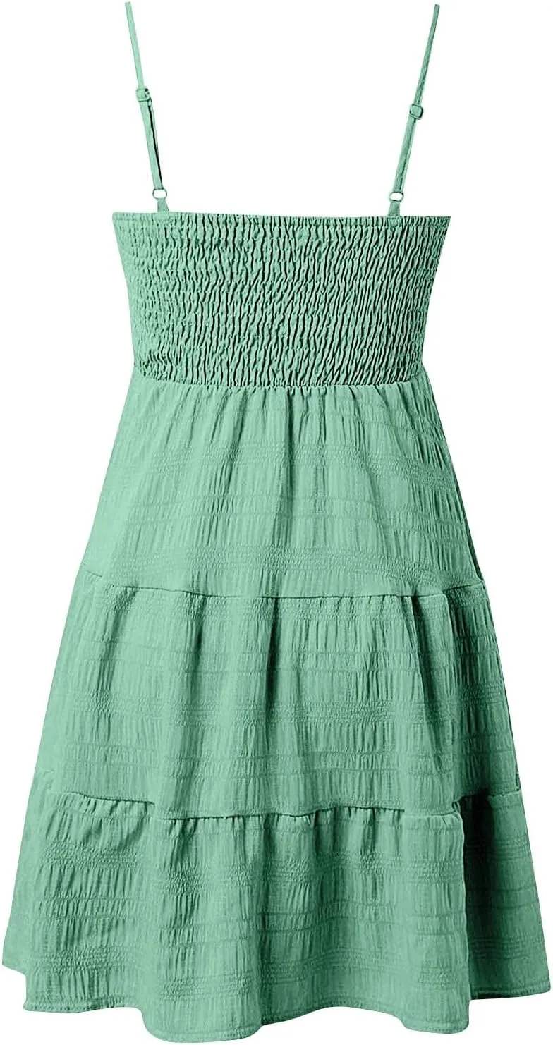Sundress for Women 2025 Casual Plus Size Beach Vacation Dresses Smocked Flowy Boho Spaghetti Strap A-Line Mini Dress