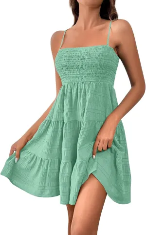 Sundress for Women 2025 Casual Plus Size Beach Vacation Dresses Smocked Flowy Boho Spaghetti Strap A-Line Mini Dress