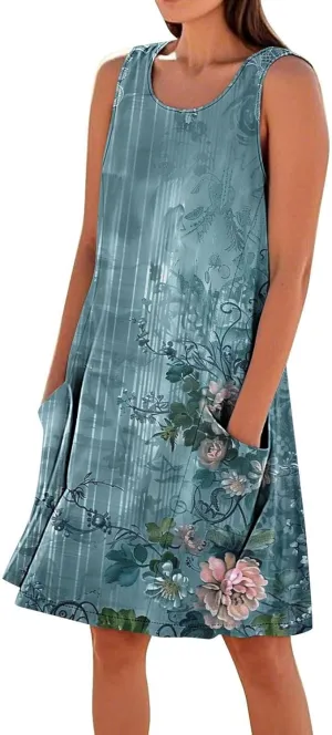 Sundresses for Women 2025 Crew Neck Sleeveless Cotton Linen Mini Dress Cute Floral Printed Tank Dress with Pockets