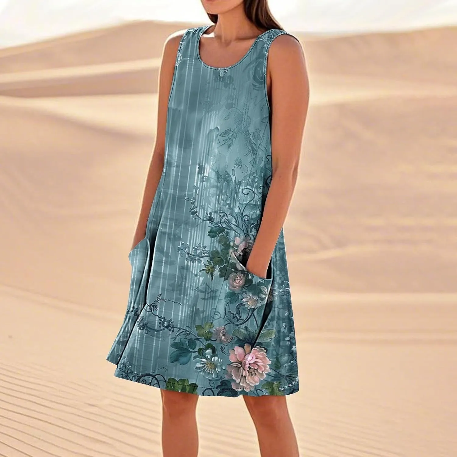 Sundresses for Women 2025 Crew Neck Sleeveless Cotton Linen Mini Dress Cute Floral Printed Tank Dress with Pockets
