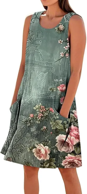 Sundresses for Women 2025 Crew Neck Sleeveless Cotton Linen Mini Dress Cute Floral Printed Tank Dress with Pockets