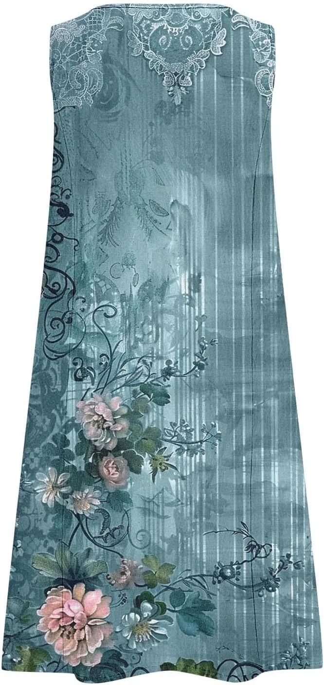 Sundresses for Women 2025 Crew Neck Sleeveless Cotton Linen Mini Dress Cute Floral Printed Tank Dress with Pockets