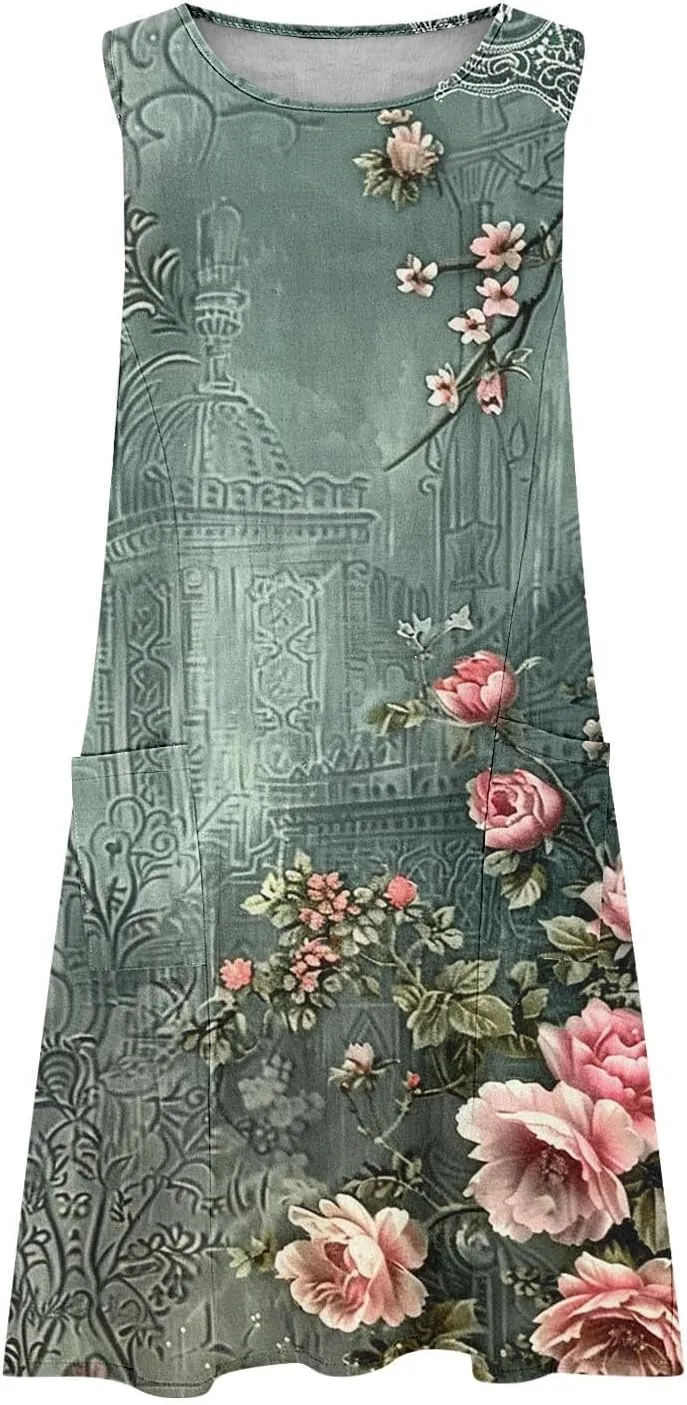 Sundresses for Women 2025 Crew Neck Sleeveless Cotton Linen Mini Dress Cute Floral Printed Tank Dress with Pockets