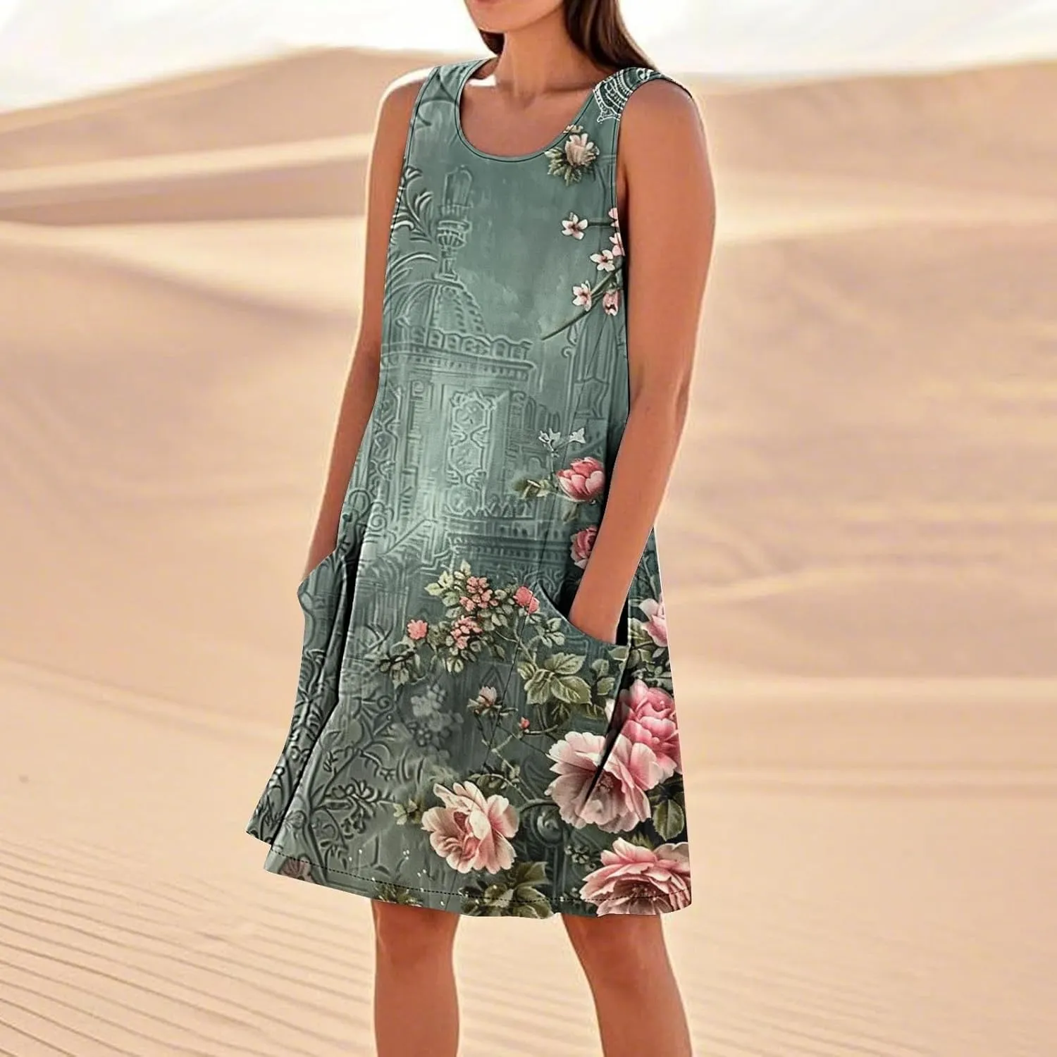 Sundresses for Women 2025 Crew Neck Sleeveless Cotton Linen Mini Dress Cute Floral Printed Tank Dress with Pockets