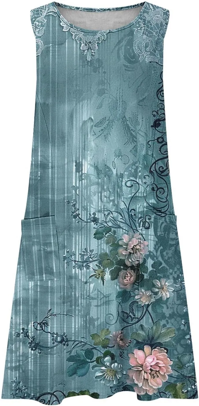 Sundresses for Women 2025 Crew Neck Sleeveless Cotton Linen Mini Dress Cute Floral Printed Tank Dress with Pockets