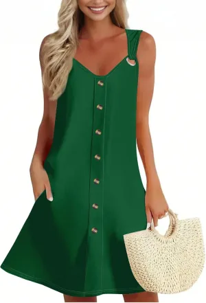 Sundresses for Women 2025 Sleeveless V Neck Button Midi Dresses Summer Loose Boho Beach Flowy Tank Dress with Pockets