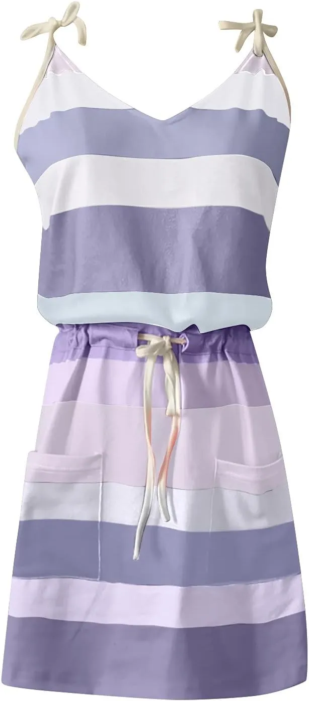 Sundresses for Women 2025 Summer Casual Dresses Striped Beach Party Dress Mini Tshirt Dress with Pocket Boho Dresses