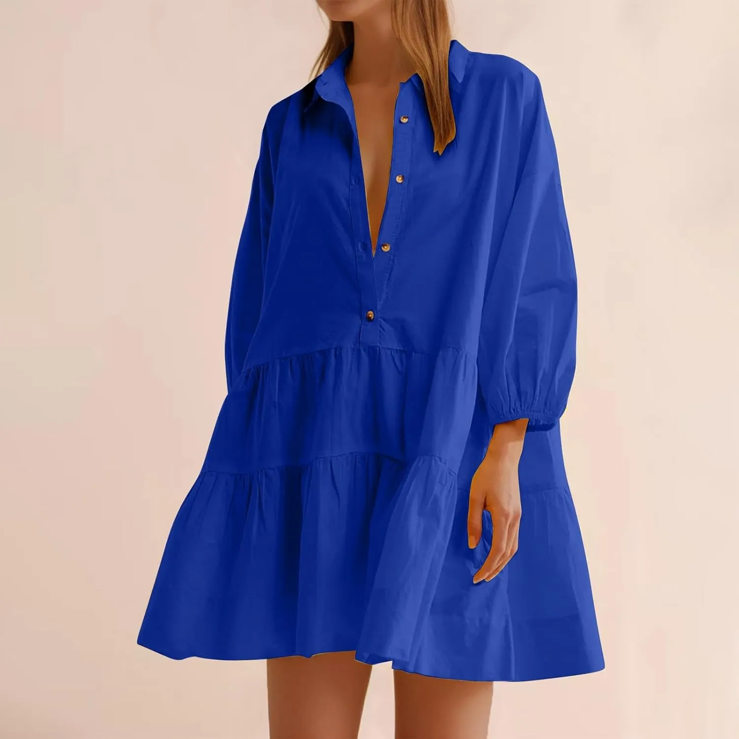 Sundresses for Women Maxi Fall Long Puff Sleeve 2024 Bubble Midi Button Down Casual Babydoll Plus Size Summer Dress