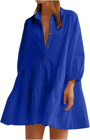 Sundresses for Women Maxi Fall Long Puff Sleeve 2024 Bubble Midi Button Down Casual Babydoll Plus Size Summer Dress