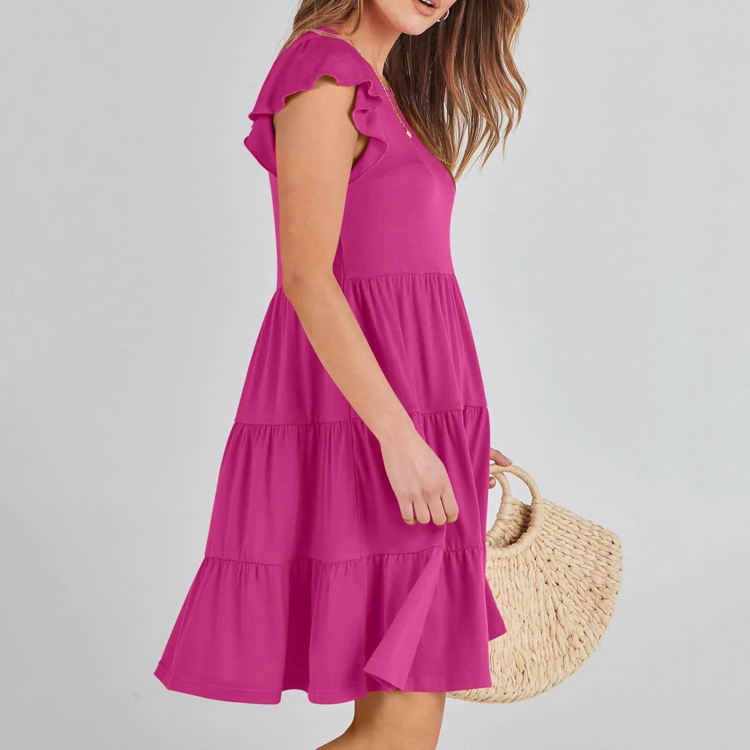 Sundresses for Women Ruffles Cap Sleeve Short Mini Dress Wedding Guest Cute Mini Tiered Babydoll Casual Summer Dress