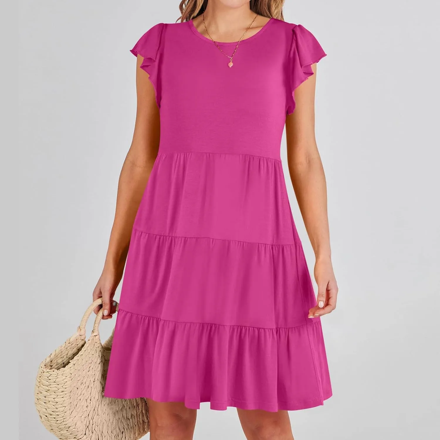 Sundresses for Women Ruffles Cap Sleeve Short Mini Dress Wedding Guest Cute Mini Tiered Babydoll Casual Summer Dress