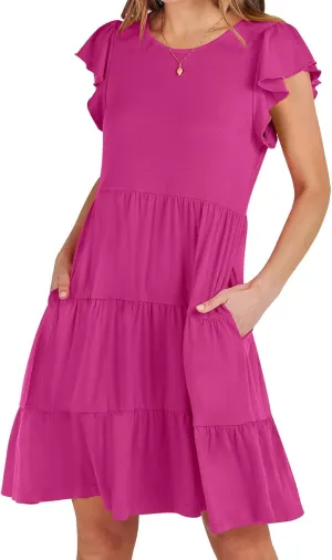 Sundresses for Women Ruffles Cap Sleeve Short Mini Dress Wedding Guest Cute Mini Tiered Babydoll Casual Summer Dress
