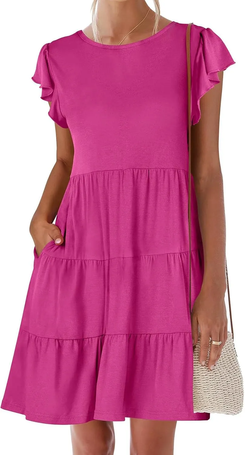 Sundresses for Women Ruffles Cap Sleeve Short Mini Dress Wedding Guest Cute Mini Tiered Babydoll Casual Summer Dress