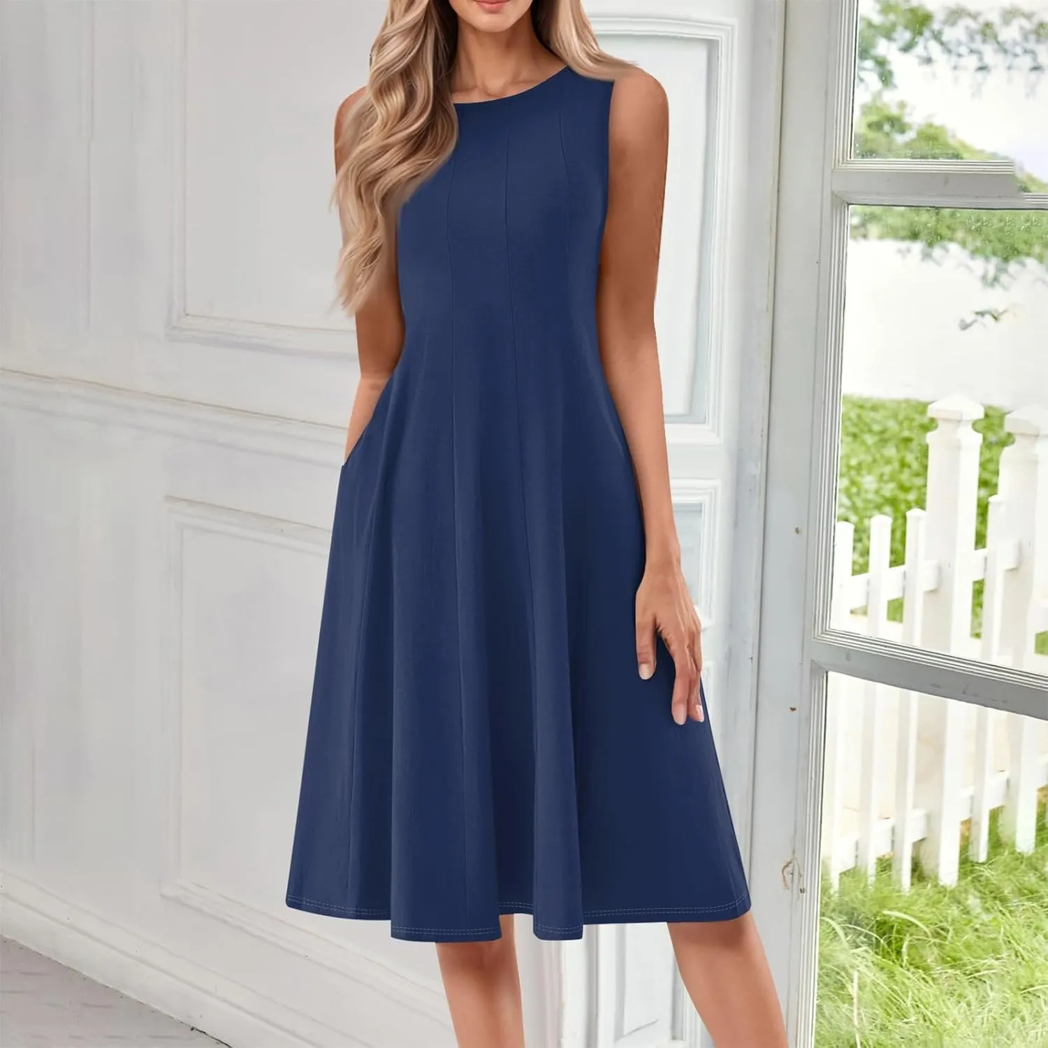 Sundresses for Women Sleeveless Tank Dress Casual Summer Flowy A Line Pleated Midi Dresses Sundress with Pockets