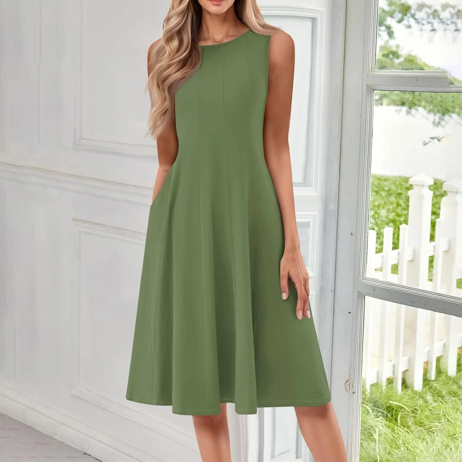 Sundresses for Women Sleeveless Tank Dress Casual Summer Flowy A Line Pleated Midi Dresses Sundress with Pockets