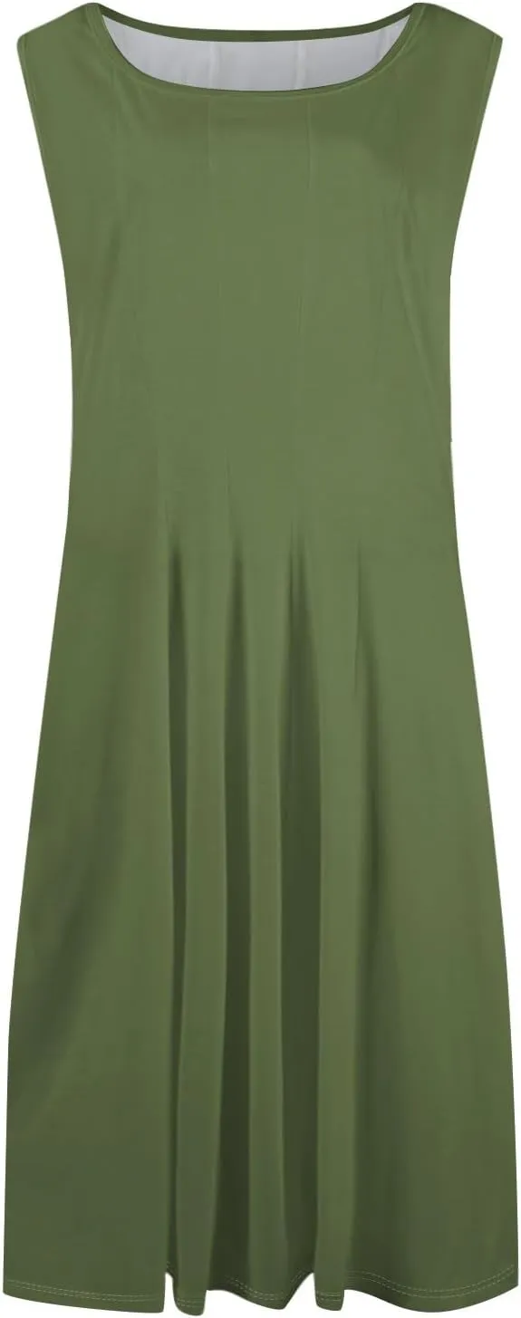 Sundresses for Women Sleeveless Tank Dress Casual Summer Flowy A Line Pleated Midi Dresses Sundress with Pockets