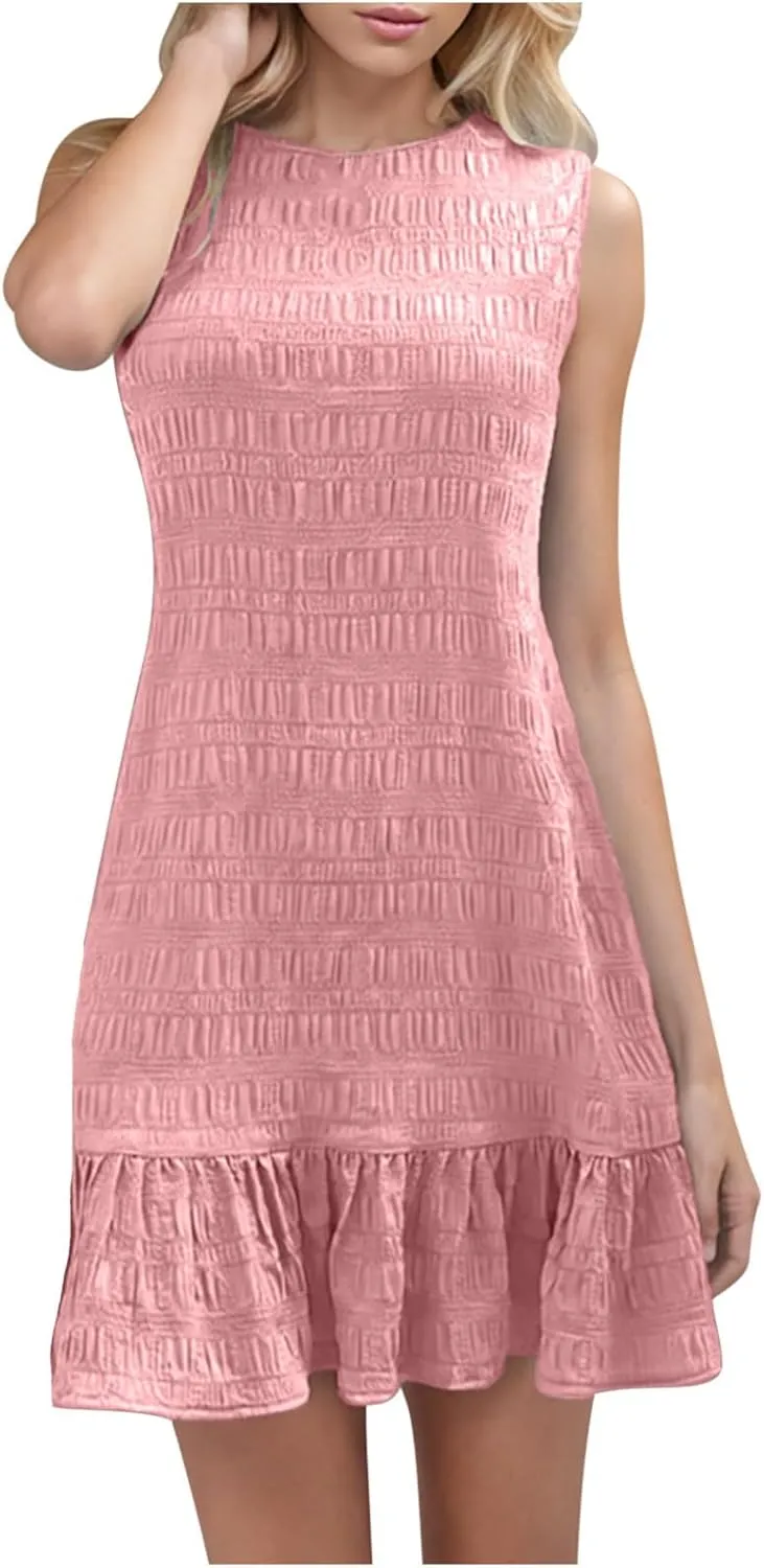 Sundresses for Women Summer Casual Dress Mini Beach Dresses Sexy Sleeveless Tank Dress Trendy Smocked Ruffle Dresses