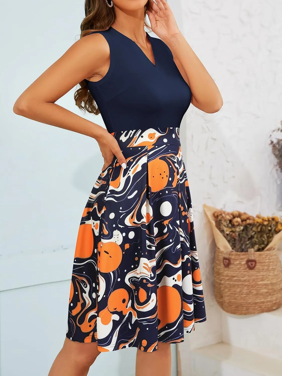 Sureple Fit and Flare Summer Dress for Women Casual for Church Knee Length Swing Sleeveless Dress with Pockets