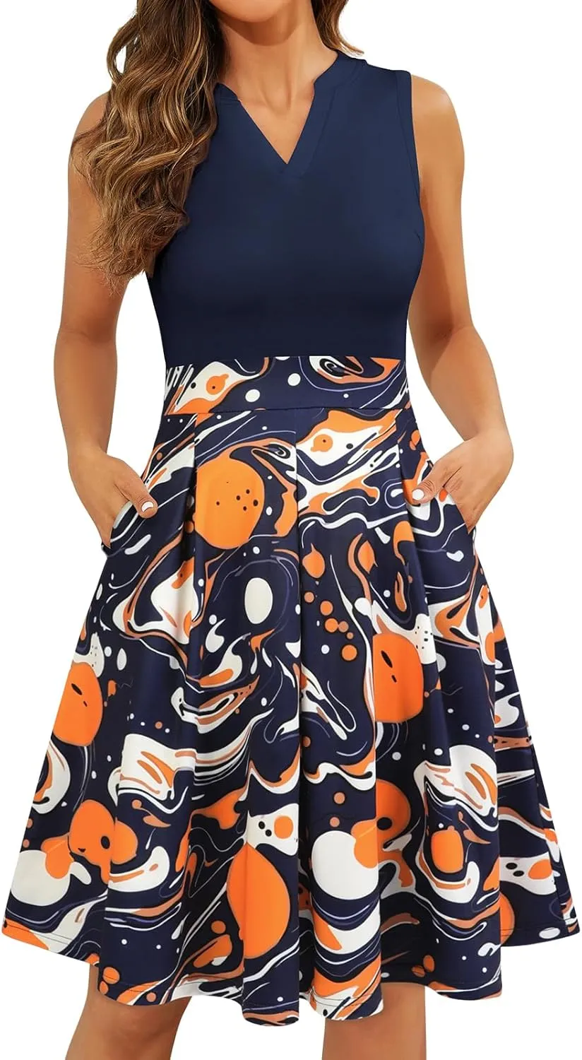 Sureple Fit and Flare Summer Dress for Women Casual for Church Knee Length Swing Sleeveless Dress with Pockets