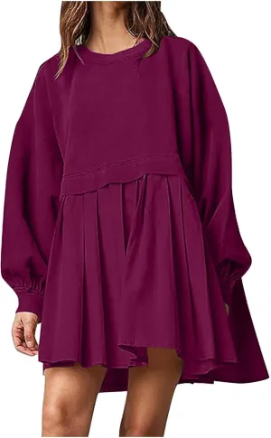 Sweatshirts Dress for Women Fall Long Sleeve Dresses Trendy Pleated Party Dress Casual Mini Dresses 2024