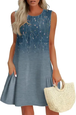 T-Shirt Dresses Women Summer Sleeveless Ruffle Hem Mini Dress Casual Crewneck Cute Printed Sundress 2025