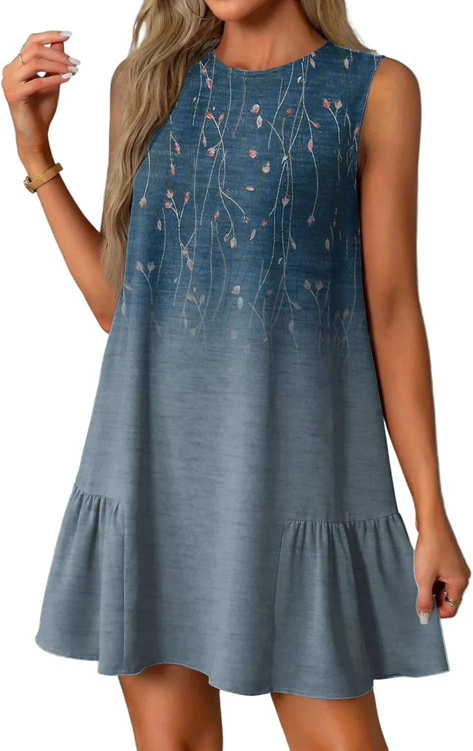 T-Shirt Dresses Women Summer Sleeveless Ruffle Hem Mini Dress Casual Crewneck Cute Printed Sundress 2025