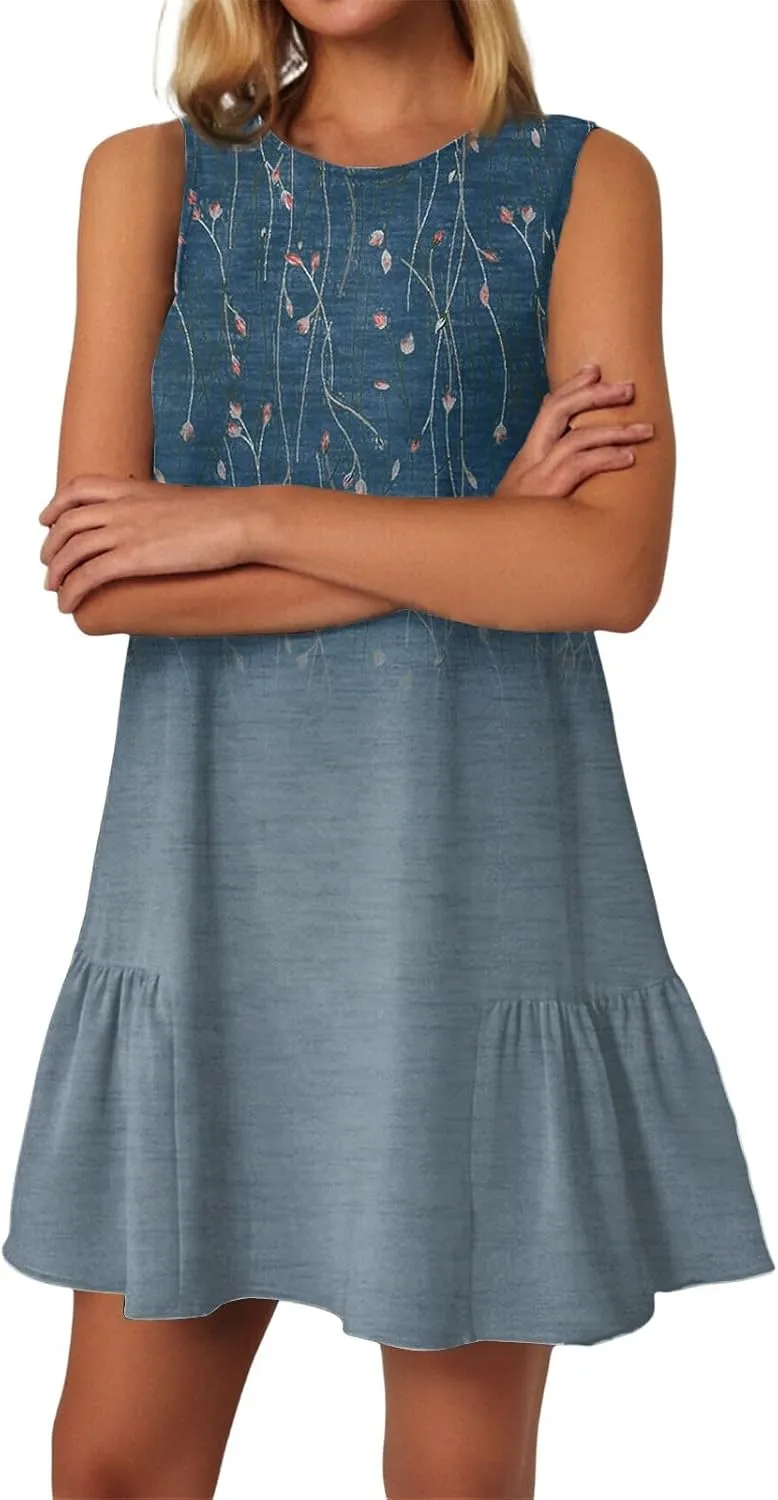 T-Shirt Dresses Women Summer Sleeveless Ruffle Hem Mini Dress Casual Crewneck Cute Printed Sundress 2025