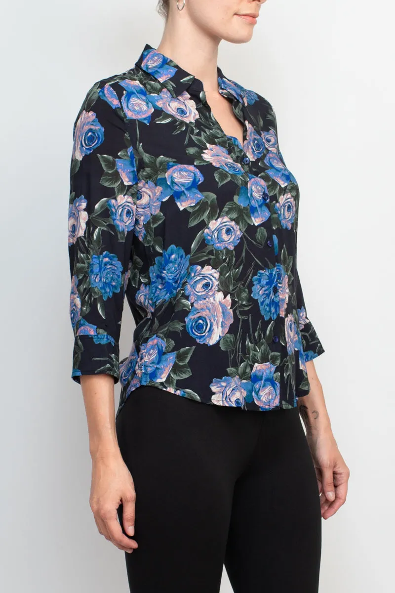 T Tahari collared 3/4 sleeve front button closure floral print woven blouse
