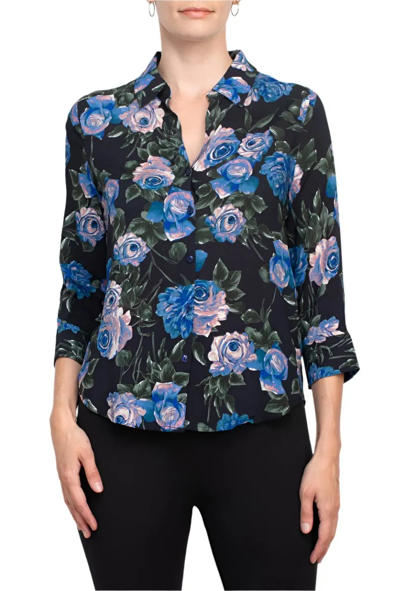 T Tahari collared 3/4 sleeve front button closure floral print woven blouse