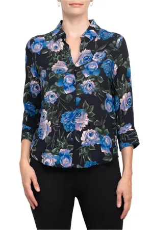 T Tahari collared 3/4 sleeve front button closure floral print woven blouse