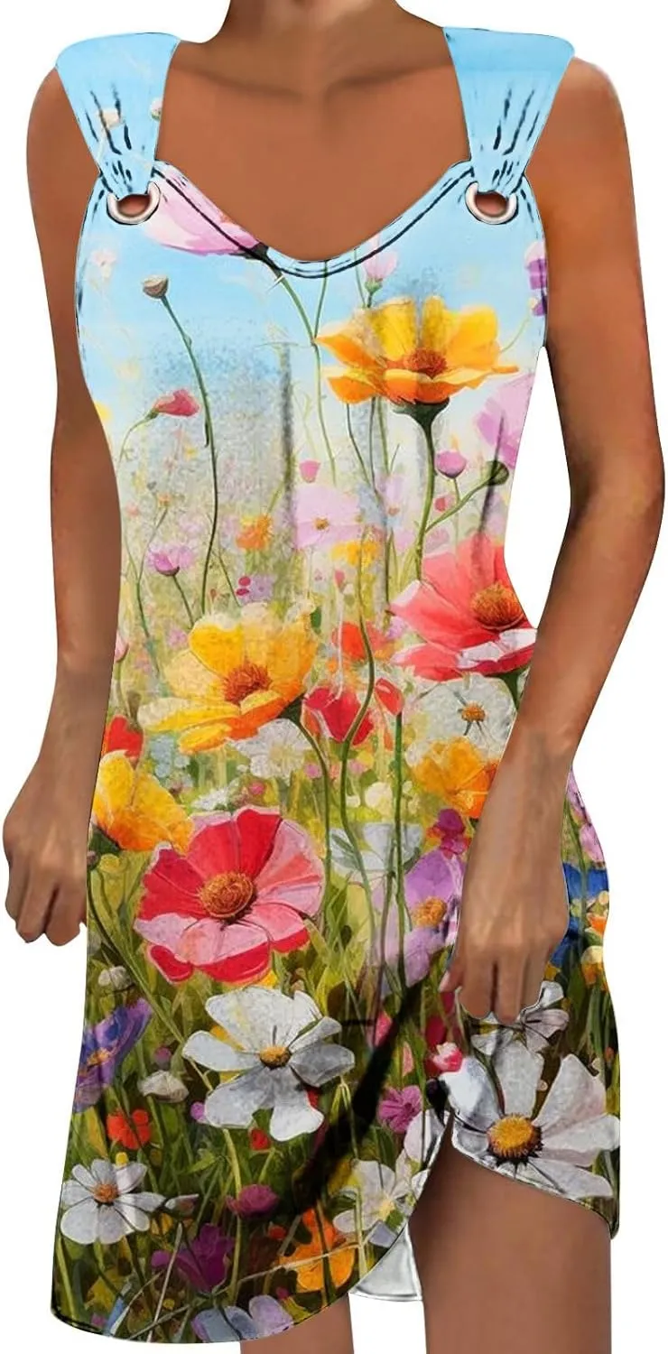 TANGNADE Summer Dresses for Women 2024 Trendy Boho Floral Print Beach Tank Dresses Casual Sleeveless Sundresses