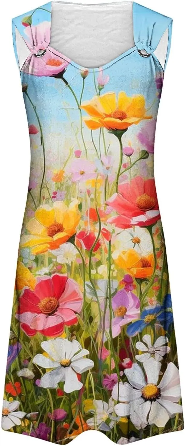 TANGNADE Summer Dresses for Women 2024 Trendy Boho Floral Print Beach Tank Dresses Casual Sleeveless Sundresses