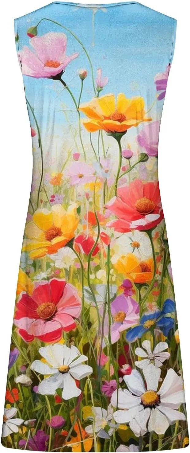 TANGNADE Summer Dresses for Women 2024 Trendy Boho Floral Print Beach Tank Dresses Casual Sleeveless Sundresses