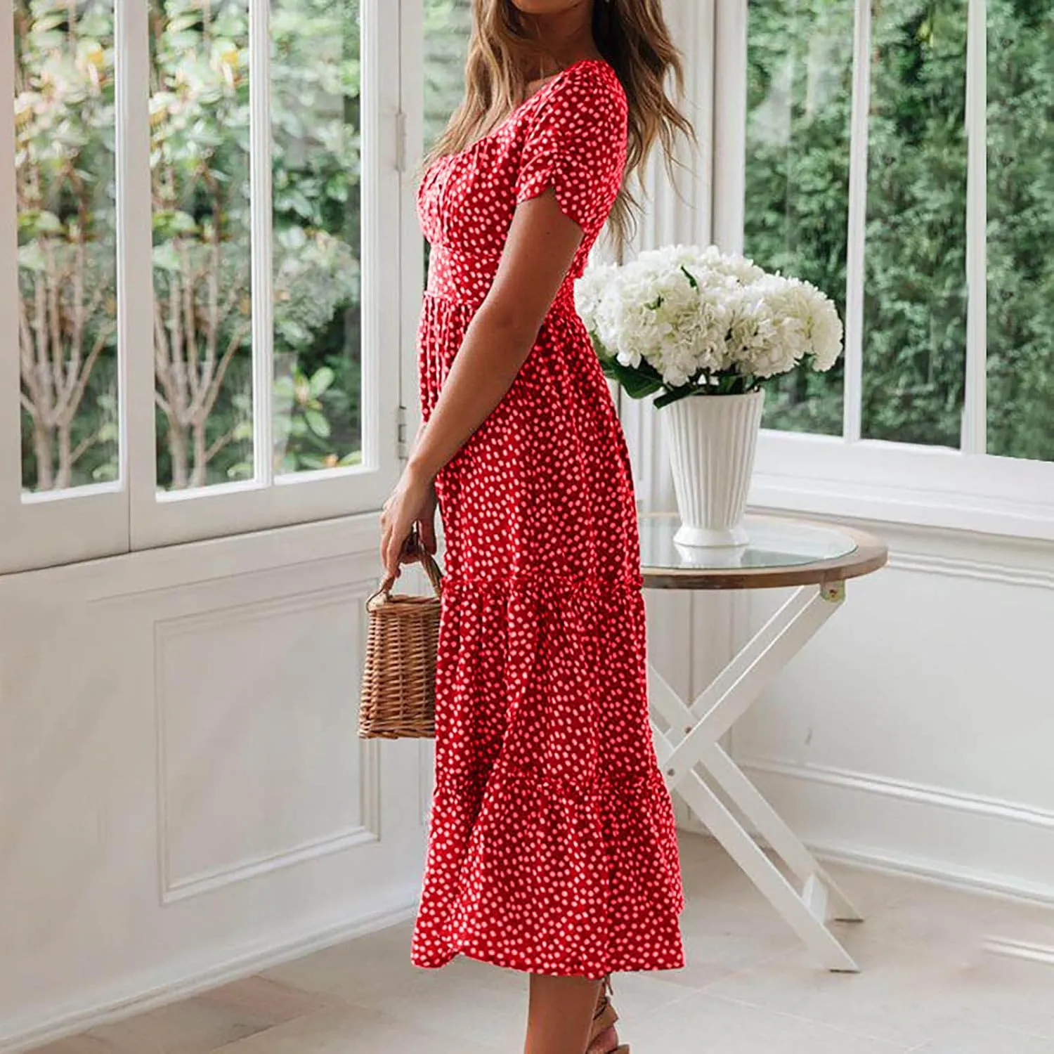 TANGNADE Women's 2025 Summer Casual Square Neck Short Sleeve Midi Dresses Flowy Tiered A Line Beach Boho Sundress