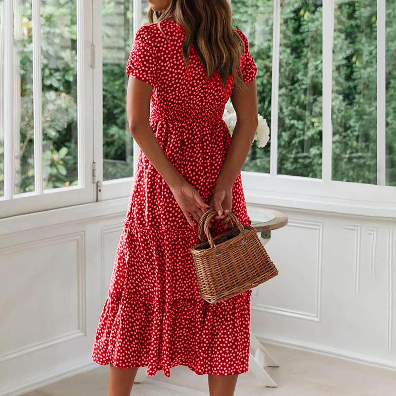 TANGNADE Women's 2025 Summer Casual Square Neck Short Sleeve Midi Dresses Flowy Tiered A Line Beach Boho Sundress