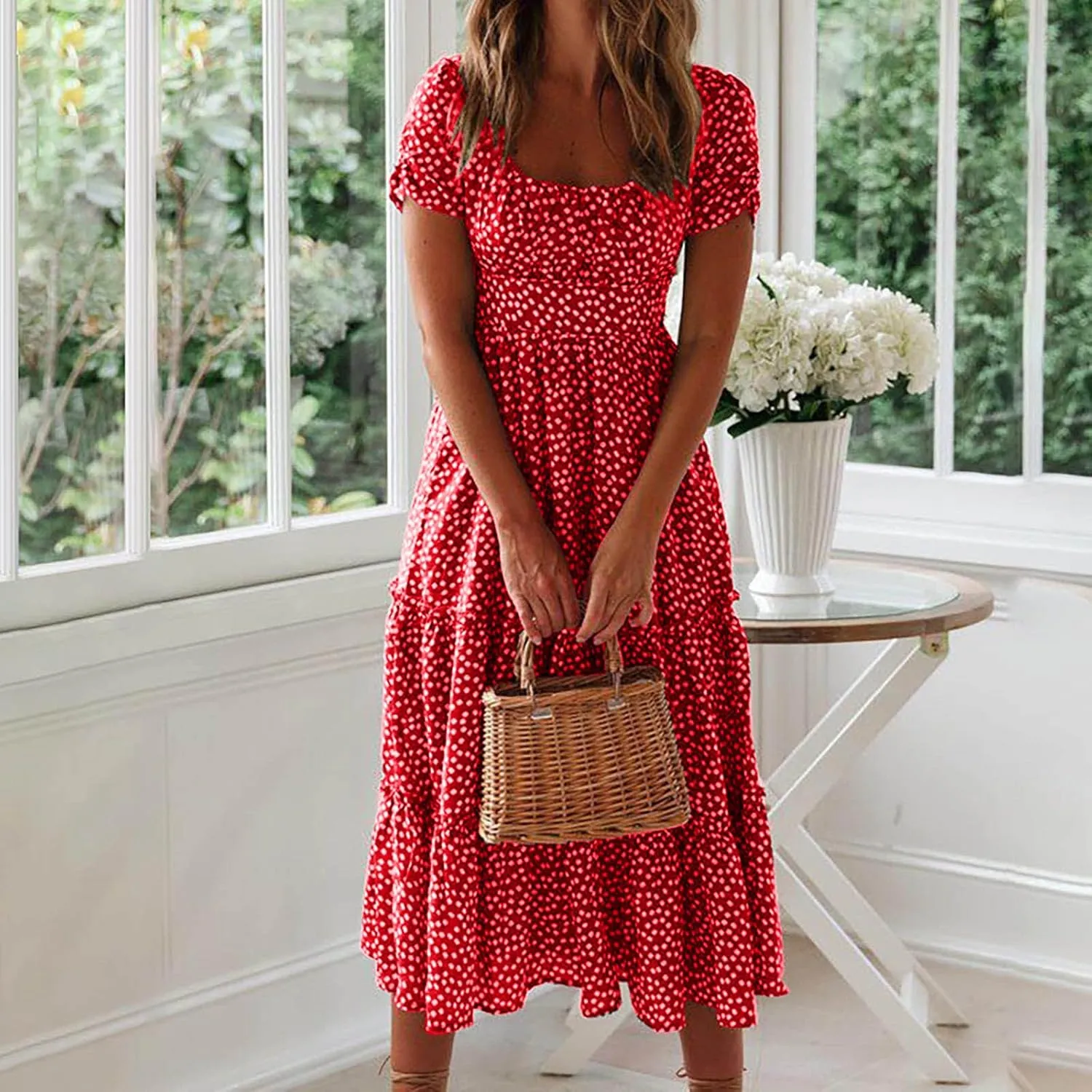 TANGNADE Women's 2025 Summer Casual Square Neck Short Sleeve Midi Dresses Flowy Tiered A Line Beach Boho Sundress