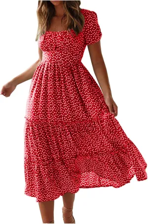 TANGNADE Women's 2025 Summer Casual Square Neck Short Sleeve Midi Dresses Flowy Tiered A Line Beach Boho Sundress