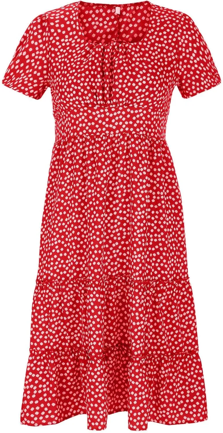 TANGNADE Women's 2025 Summer Casual Square Neck Short Sleeve Midi Dresses Flowy Tiered A Line Beach Boho Sundress