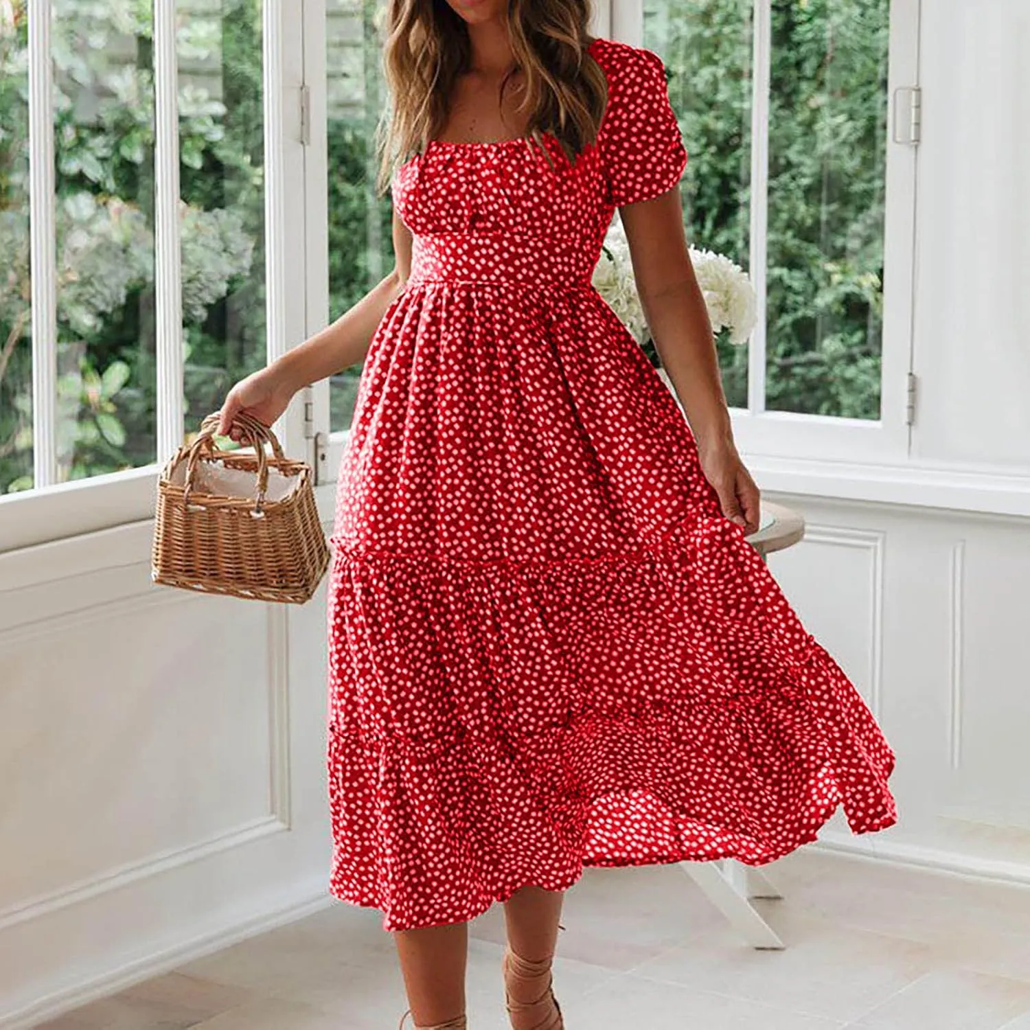TANGNADE Women's 2025 Summer Casual Square Neck Short Sleeve Midi Dresses Flowy Tiered A Line Beach Boho Sundress