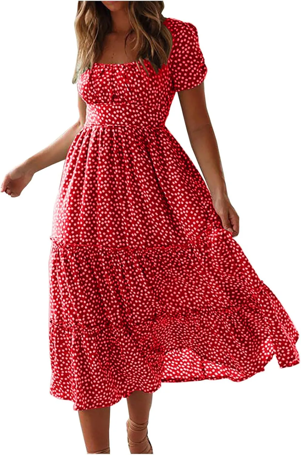 TANGNADE Women's 2025 Summer Casual Square Neck Short Sleeve Midi Dresses Flowy Tiered A Line Beach Boho Sundress