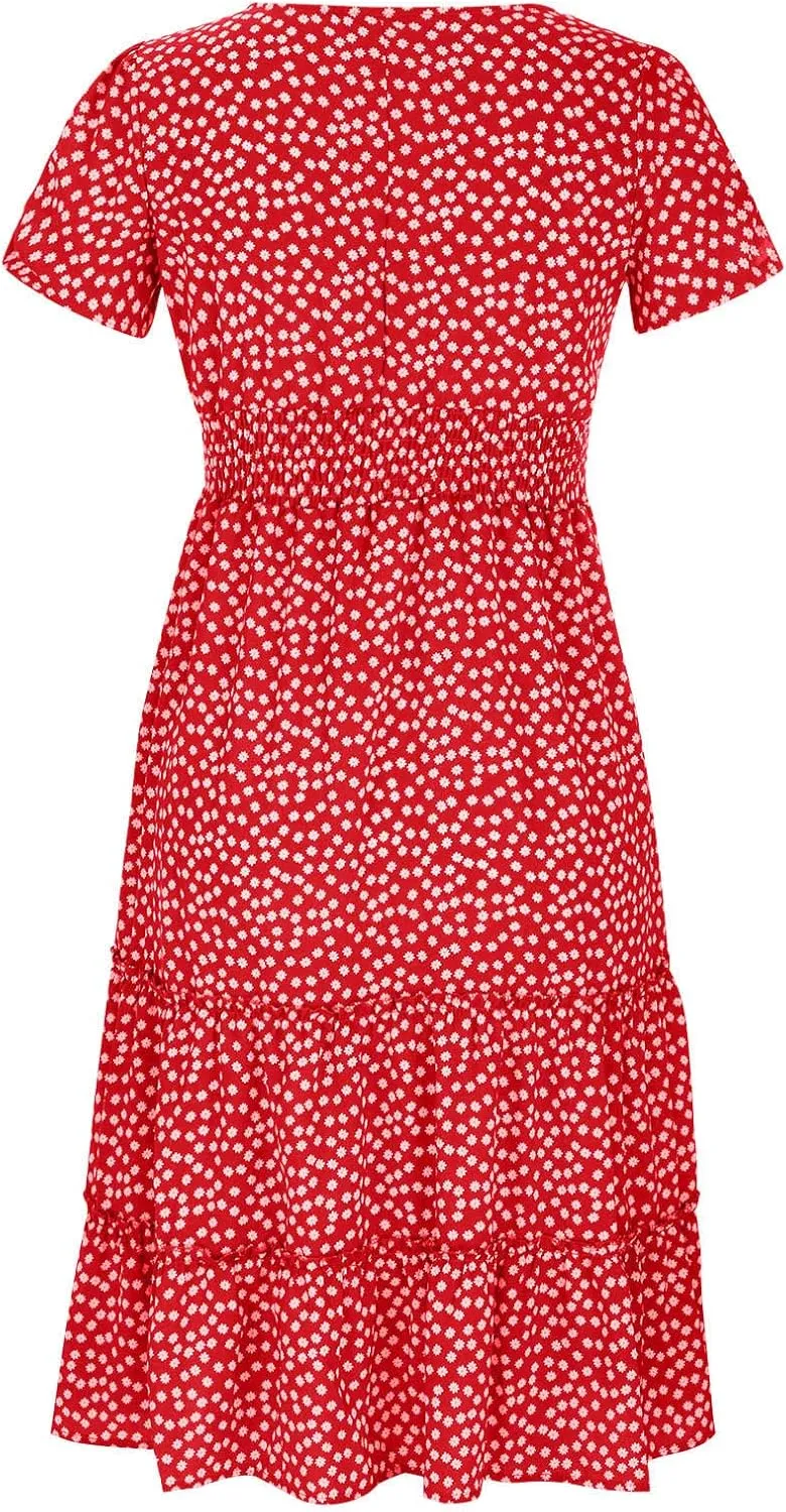 TANGNADE Women's 2025 Summer Casual Square Neck Short Sleeve Midi Dresses Flowy Tiered A Line Beach Boho Sundress