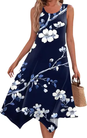 Tank Dress for Women Summer Midi Sleeveless Irregular Hem Plus Size Dress U-Neck Cocktail Dresses A Line with Pockets