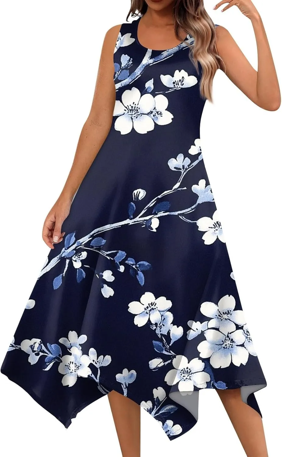Tank Dress for Women Summer Midi Sleeveless Irregular Hem Plus Size Dress U-Neck Cocktail Dresses A Line with Pockets