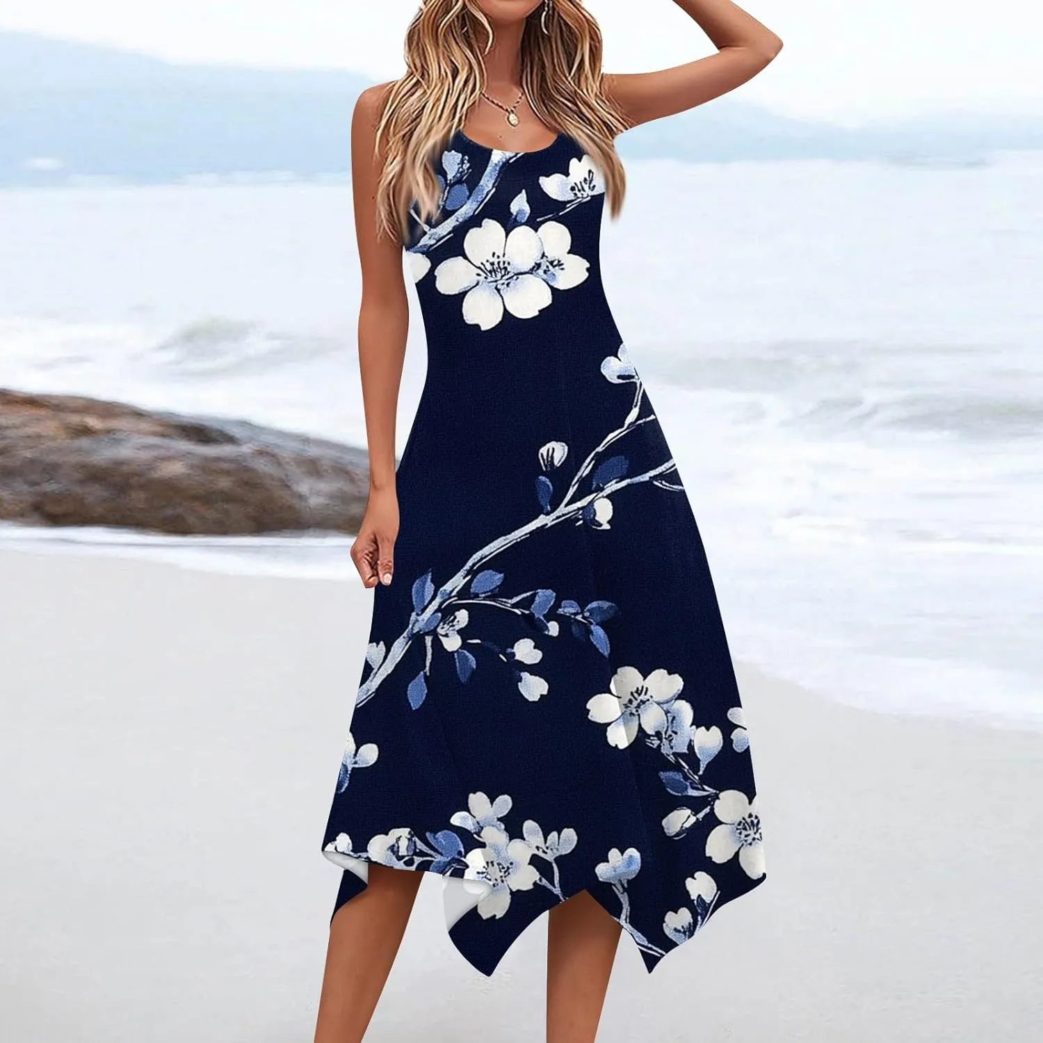 Tank Dress for Women Summer Midi Sleeveless Irregular Hem Plus Size Dress U-Neck Cocktail Dresses A Line with Pockets