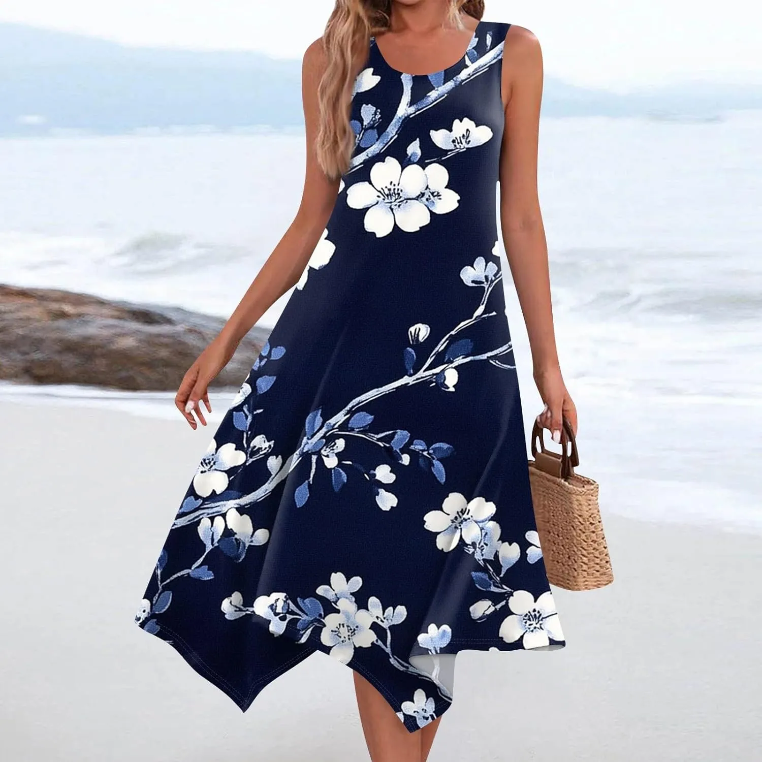 Tank Dress for Women Summer Midi Sleeveless Irregular Hem Plus Size Dress U-Neck Cocktail Dresses A Line with Pockets