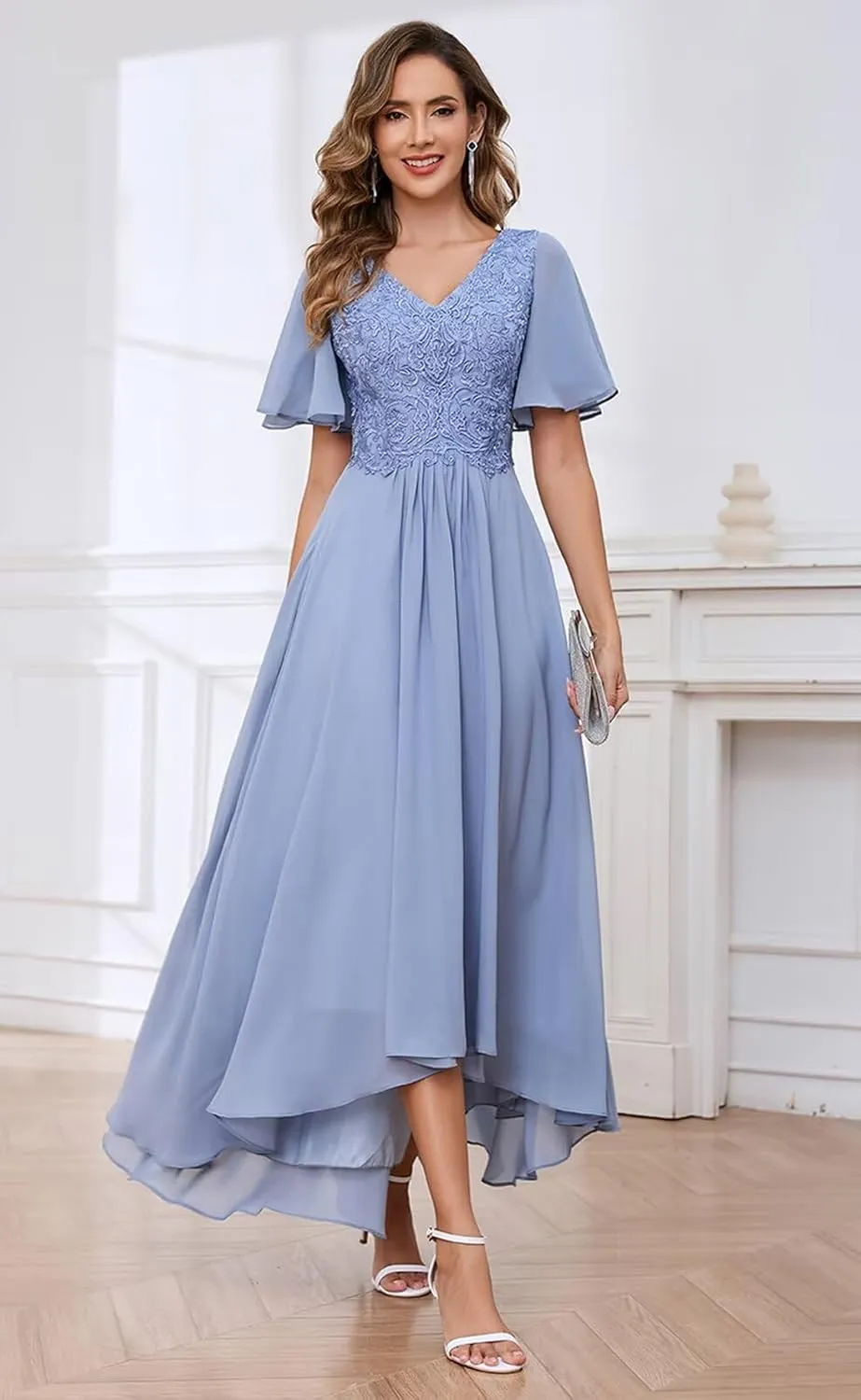 Tea Length Mother of The Bride Dresses Chiffon Lace Appliques V Neck Formal Dresses with Sleeves